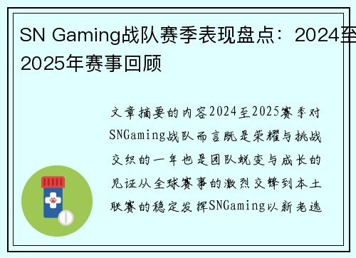 SN Gaming战队赛季表现盘点：2024至2025年赛事回顾