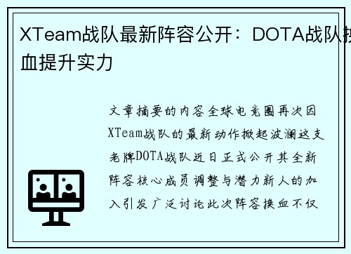 XTeam战队最新阵容公开：DOTA战队换血提升实力